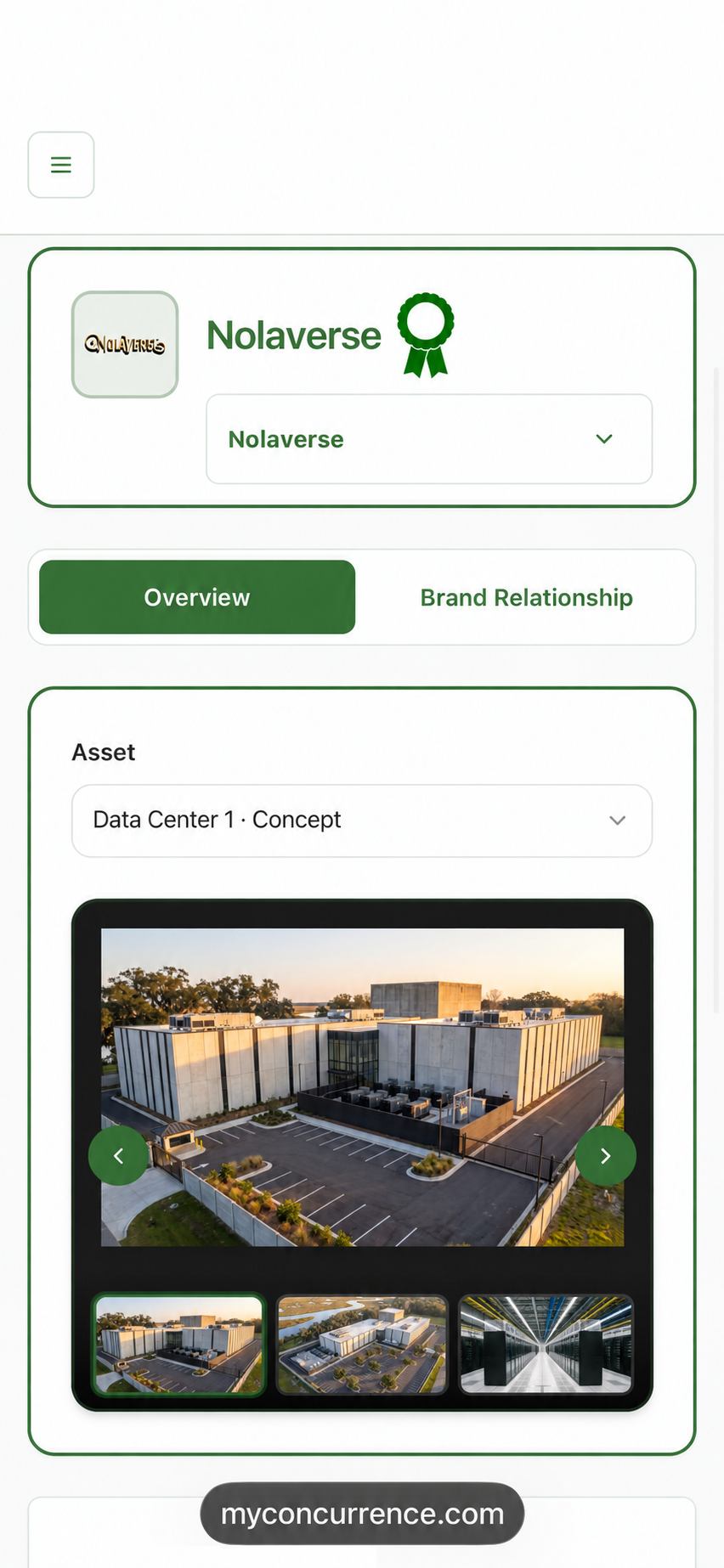Concurrence mobile preview showing the Data Center 1 concept, with exterior, aerial and server-hall views